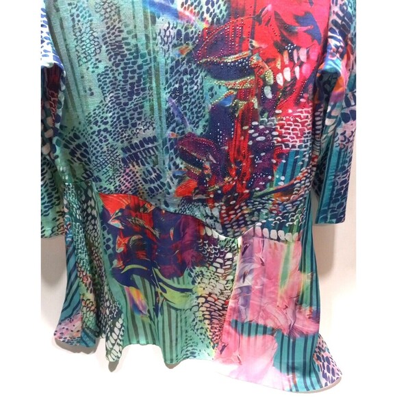 French Blue Blouse Small Colorful Boho Metallic Sheer 3/4 Sleeve Asymmetrical - Picture 3 of 9